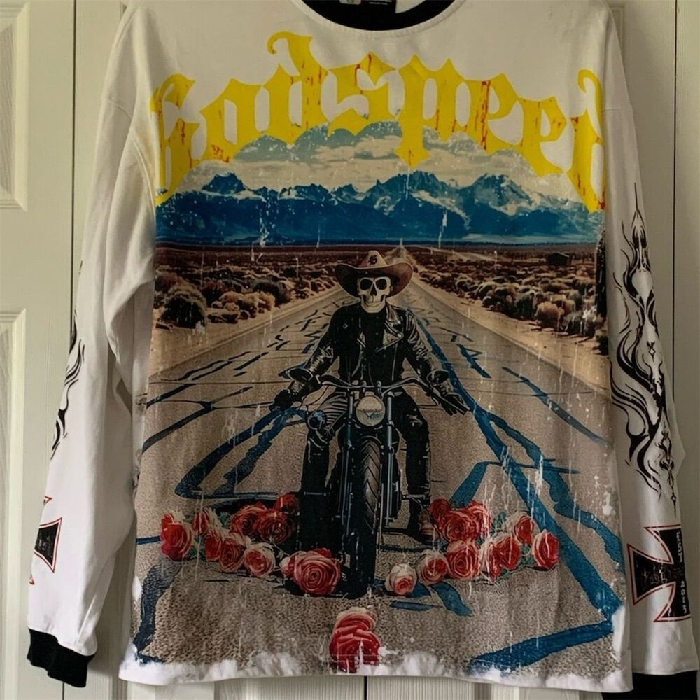 Godspeed Men's Long Sleeve T-Shirt Skeleton‎ Motorcycle Graphic White S